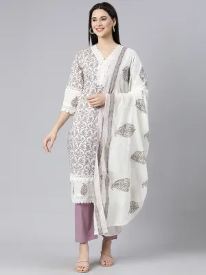 Neerus Lavender Panelled Straight Printed Kurta And Trousers With Dupatta