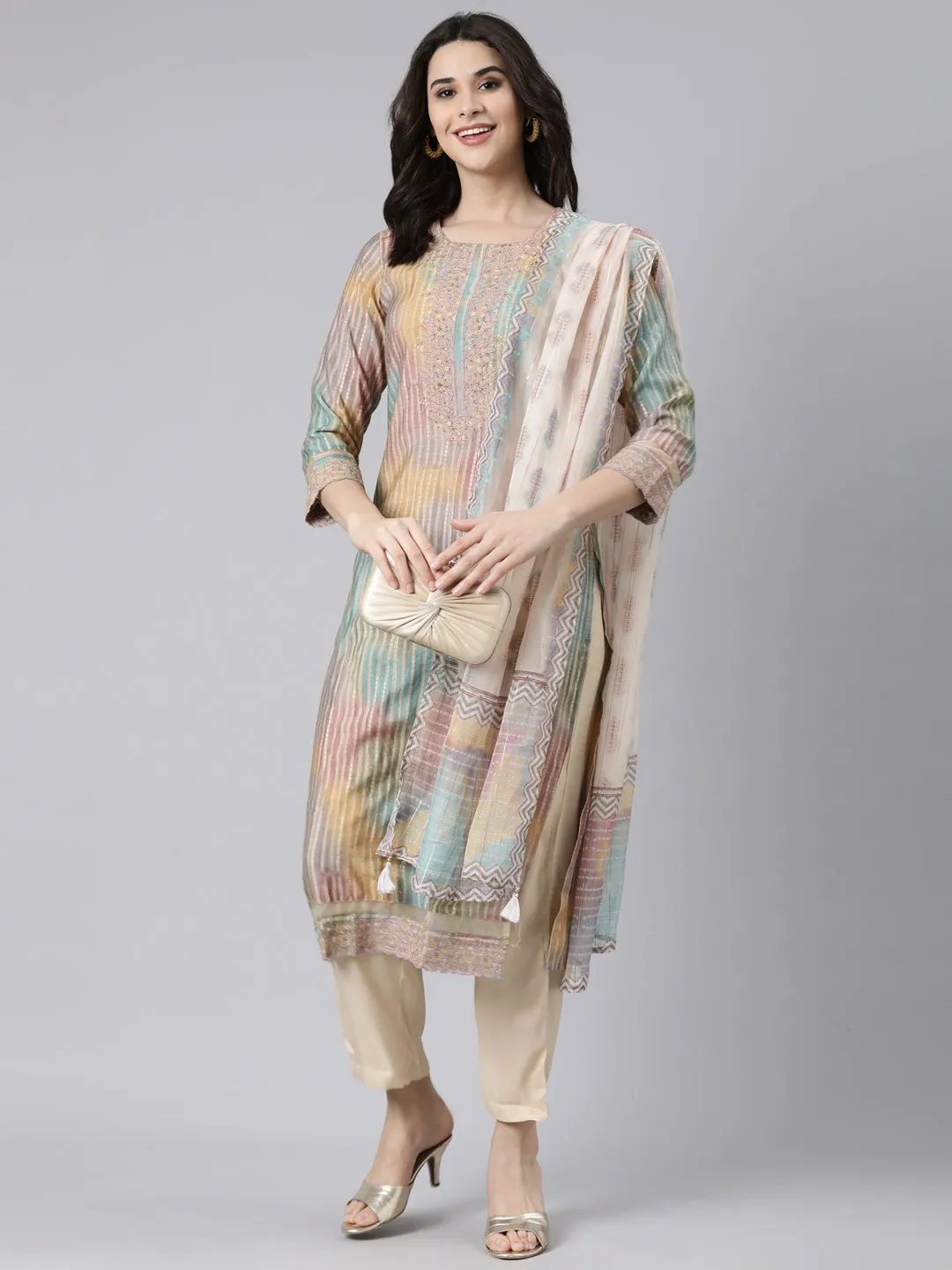 Neerus Multi Regular Straight Colourblocked Kurta And  Trousers With Dupatta