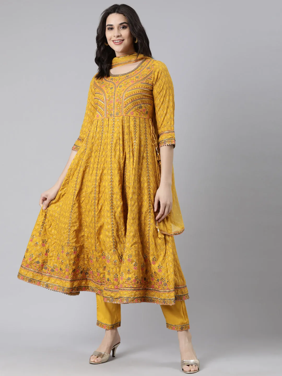 Neerus Mustard Regular Straight Floral Kurta And  Trousers With Dupatta