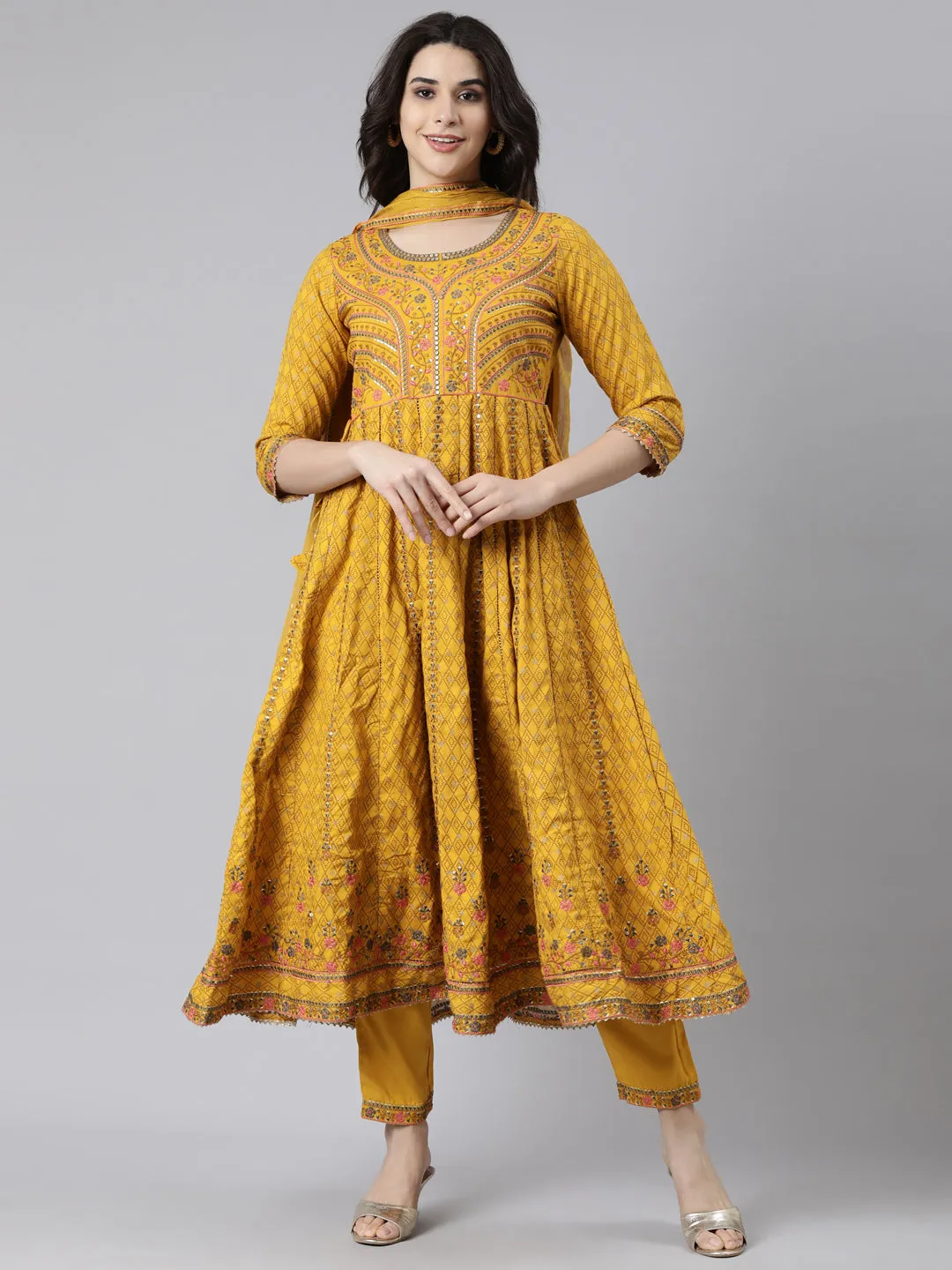 Neerus Mustard Regular Straight Floral Kurta And  Trousers With Dupatta