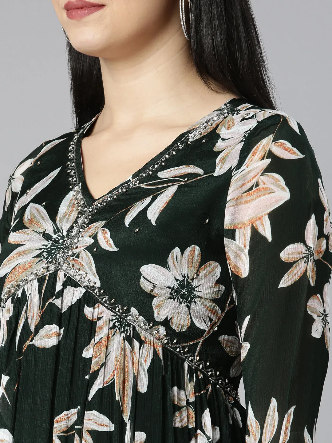 Neerus Olive Regular Straight Floral Kurta And Trousers With Dupatta