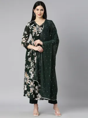 Neerus Olive Regular Straight Floral Kurta And Trousers With Dupatta