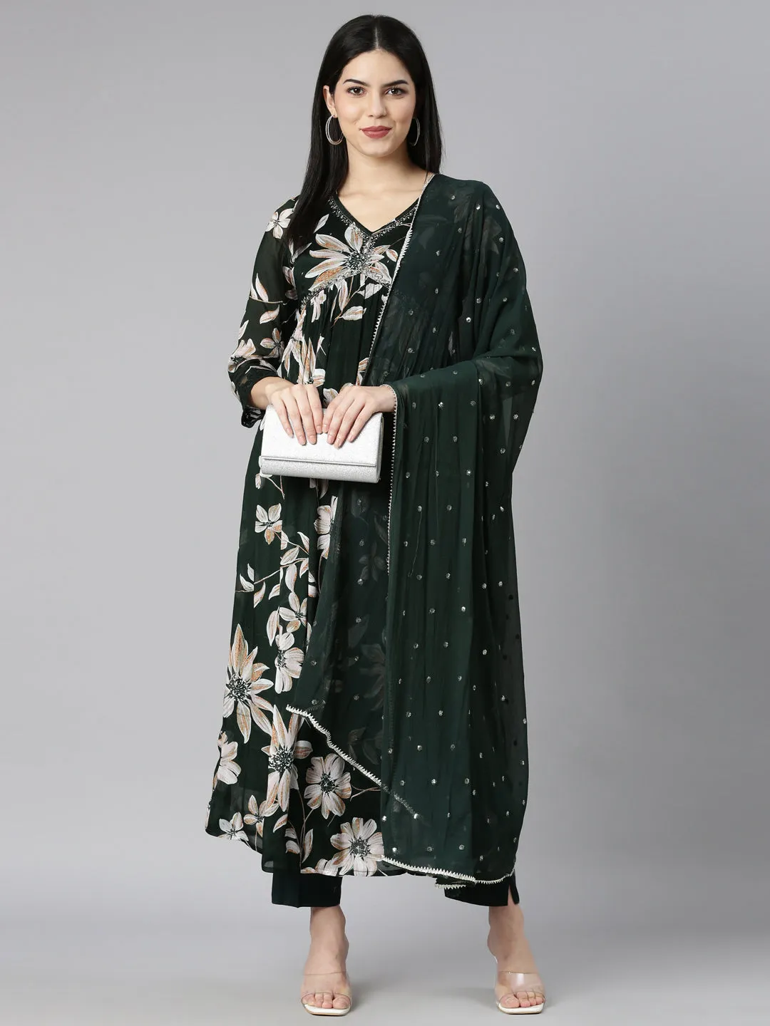 Neerus Olive Regular Straight Floral Kurta And Trousers With Dupatta