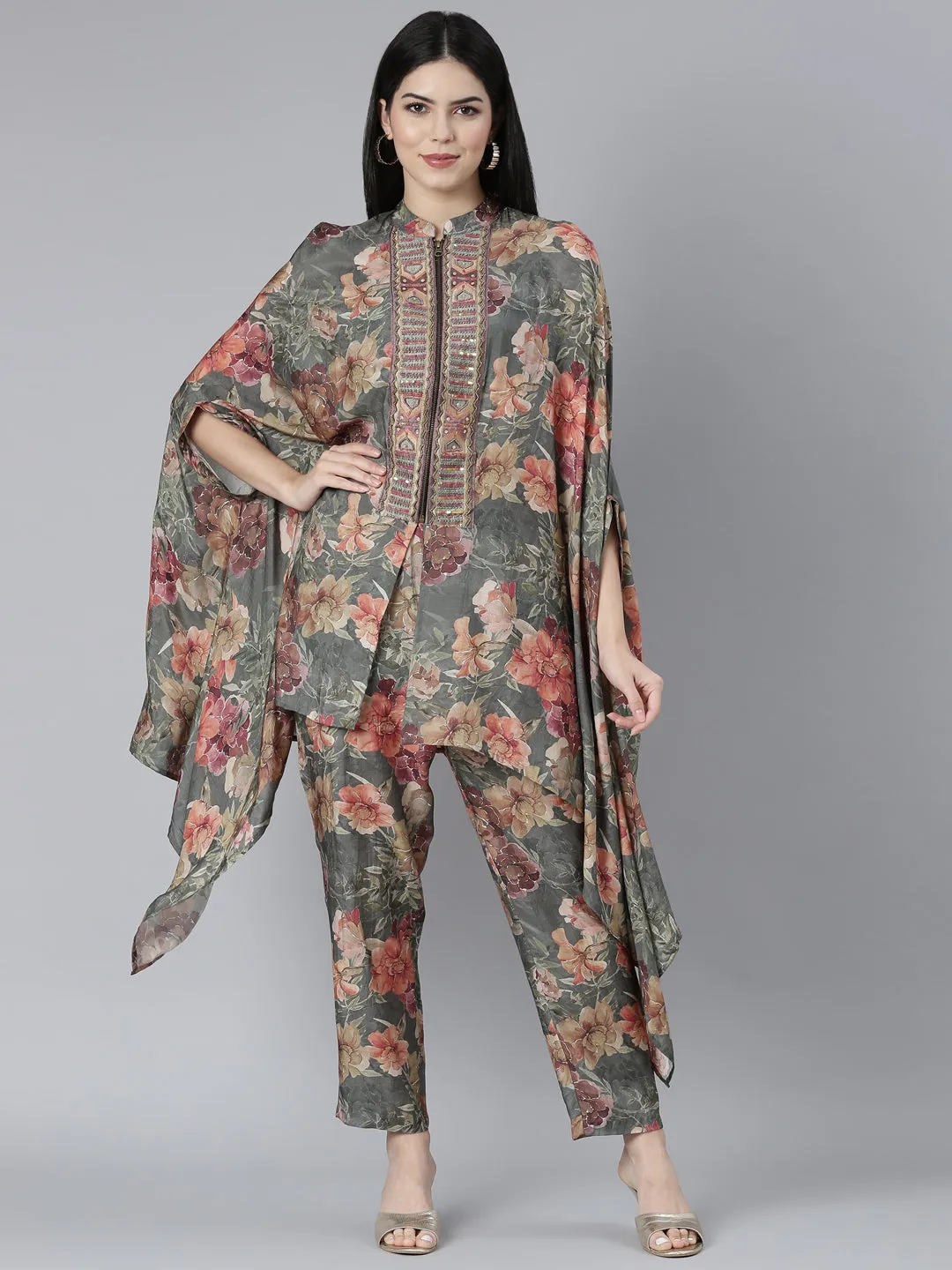 Neerus Olive Regular Straight Floral Kurti And Trousers