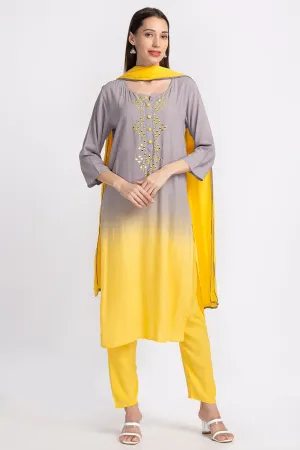 Neerus Panelled Mirror Work Kurta with Trousers and Dupatta