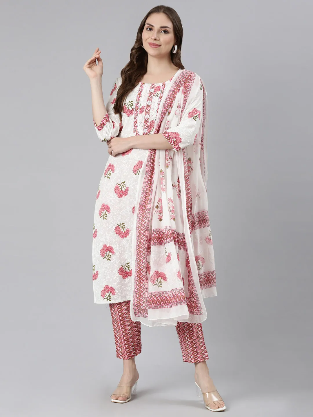 Neerus Pink Regular Straight Embroidered Kurta and Trousers