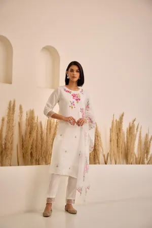 Neerus White Straight Embellished Kurta And Trousers With Dupatta.