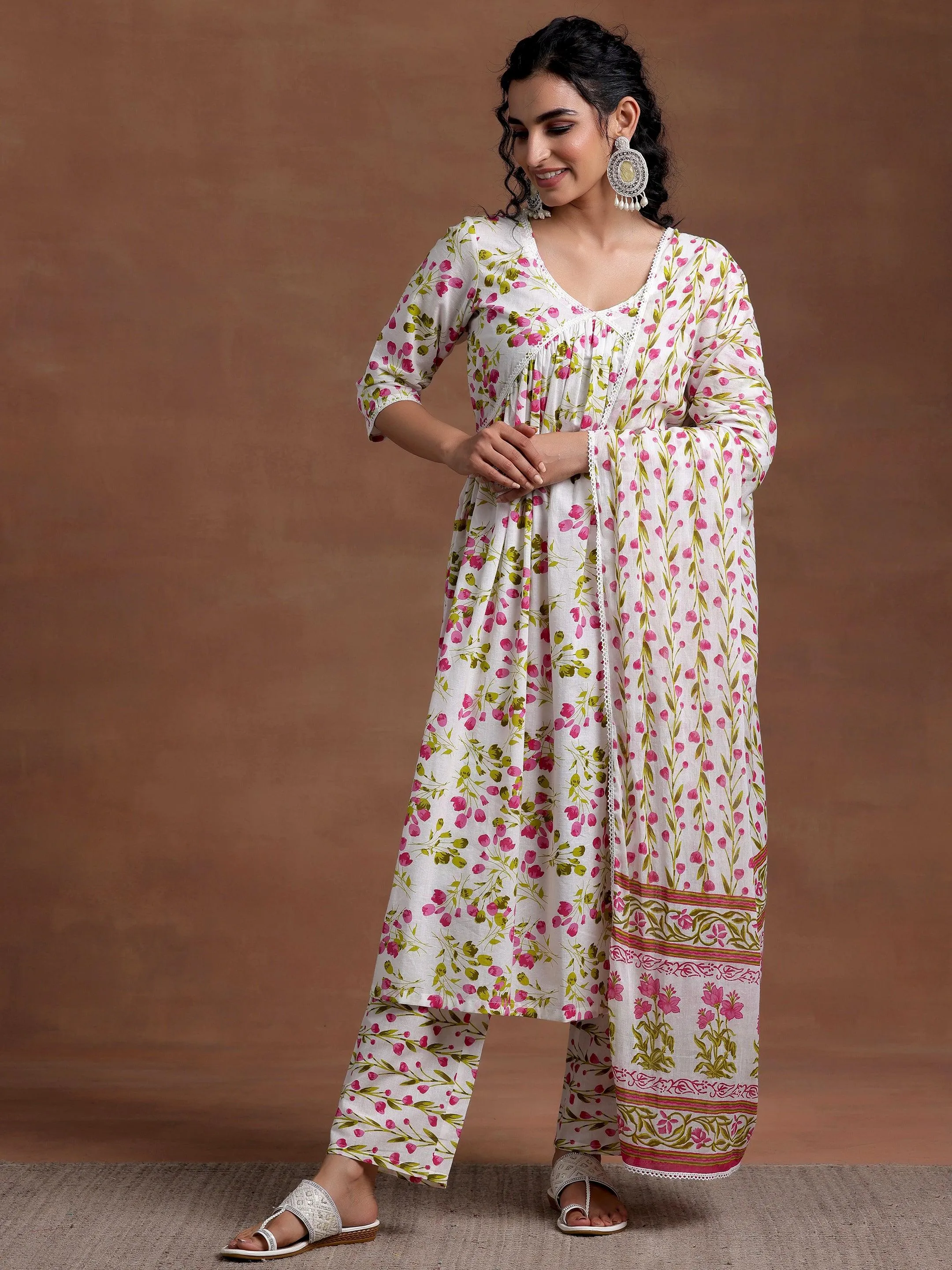 Off White Printed Cotton A-Line Kurta With Palazzos & Dupatta