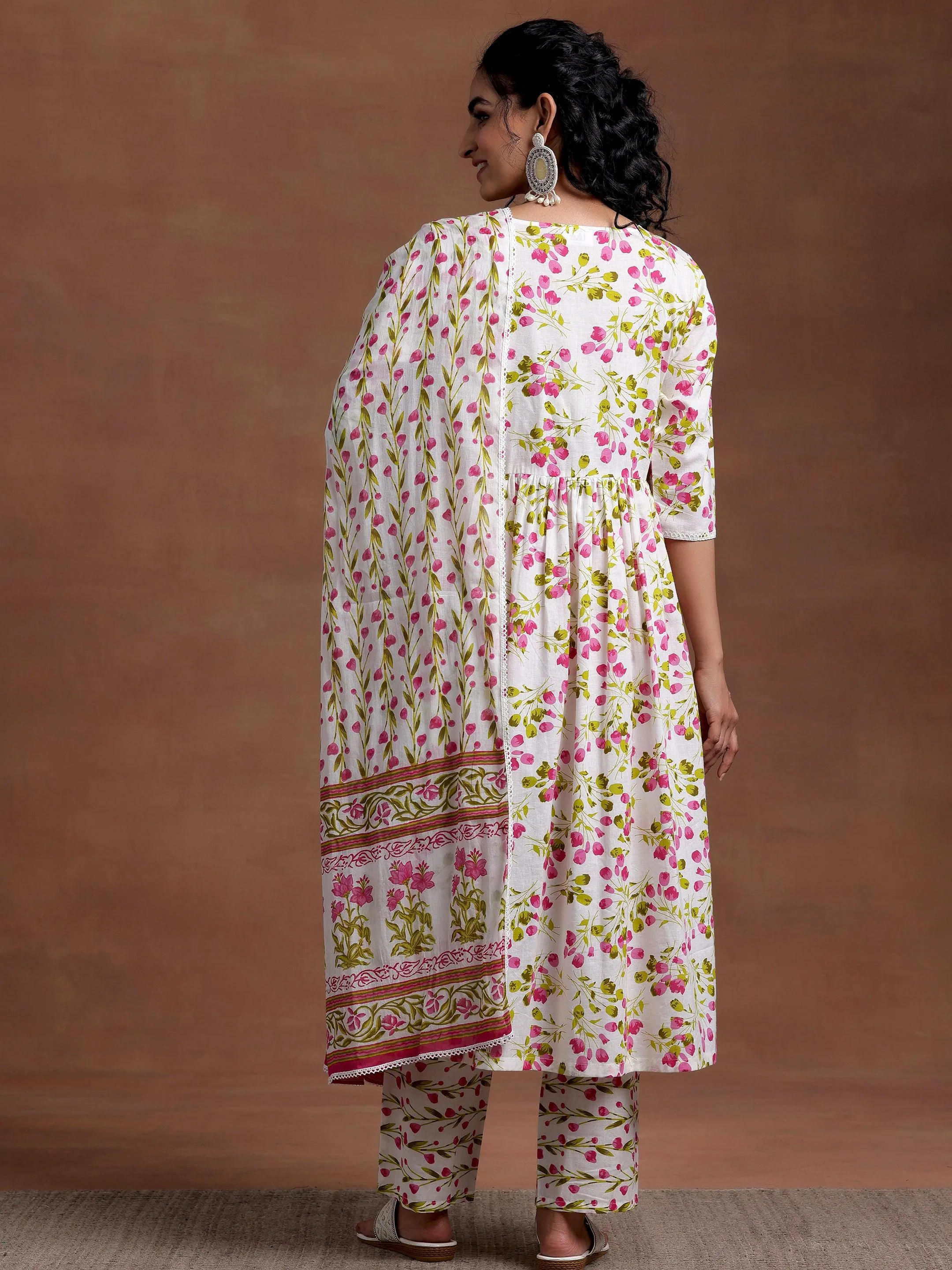 Off White Printed Cotton A-Line Kurta With Palazzos & Dupatta