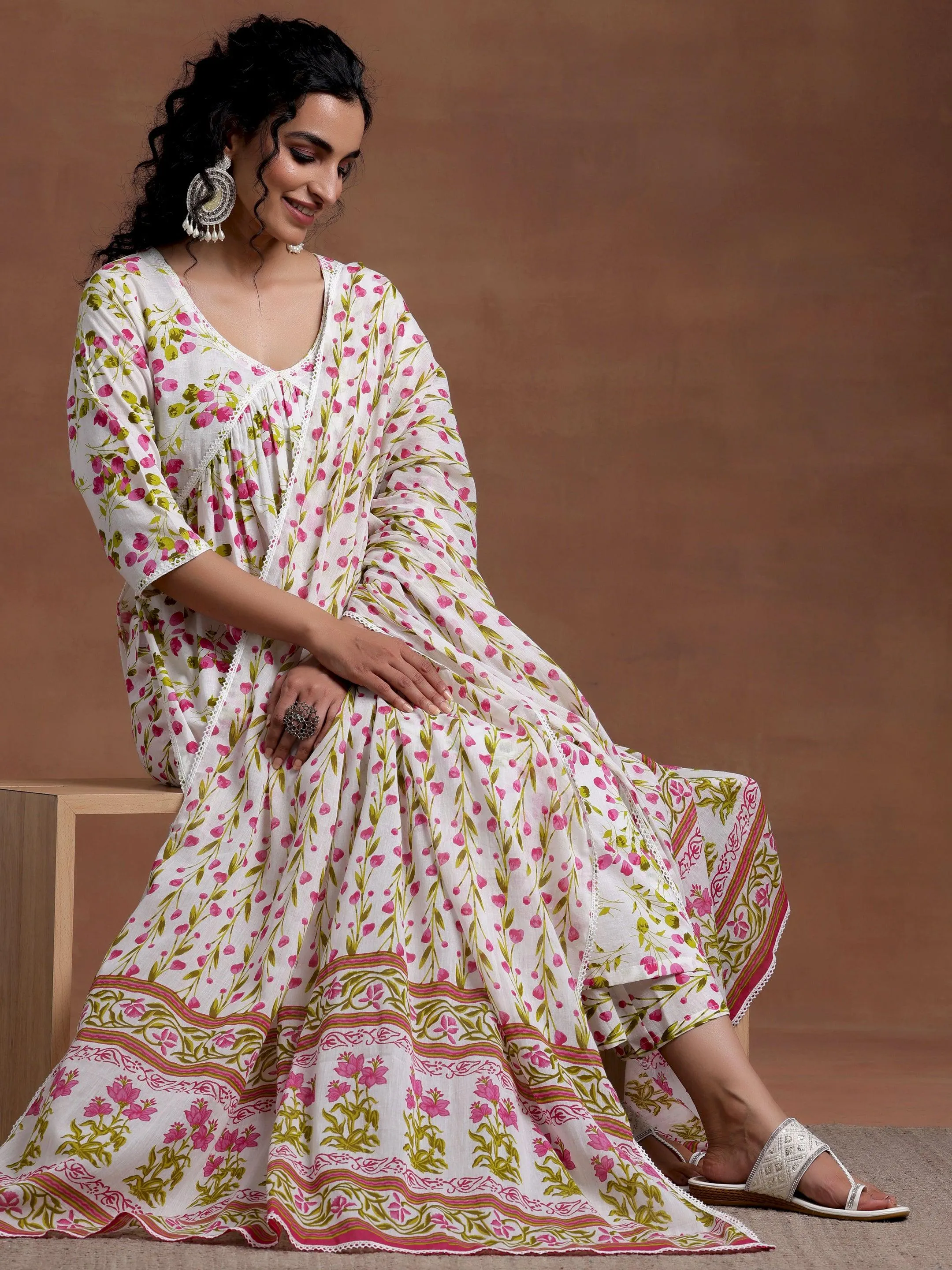 Off White Printed Cotton A-Line Kurta With Palazzos & Dupatta