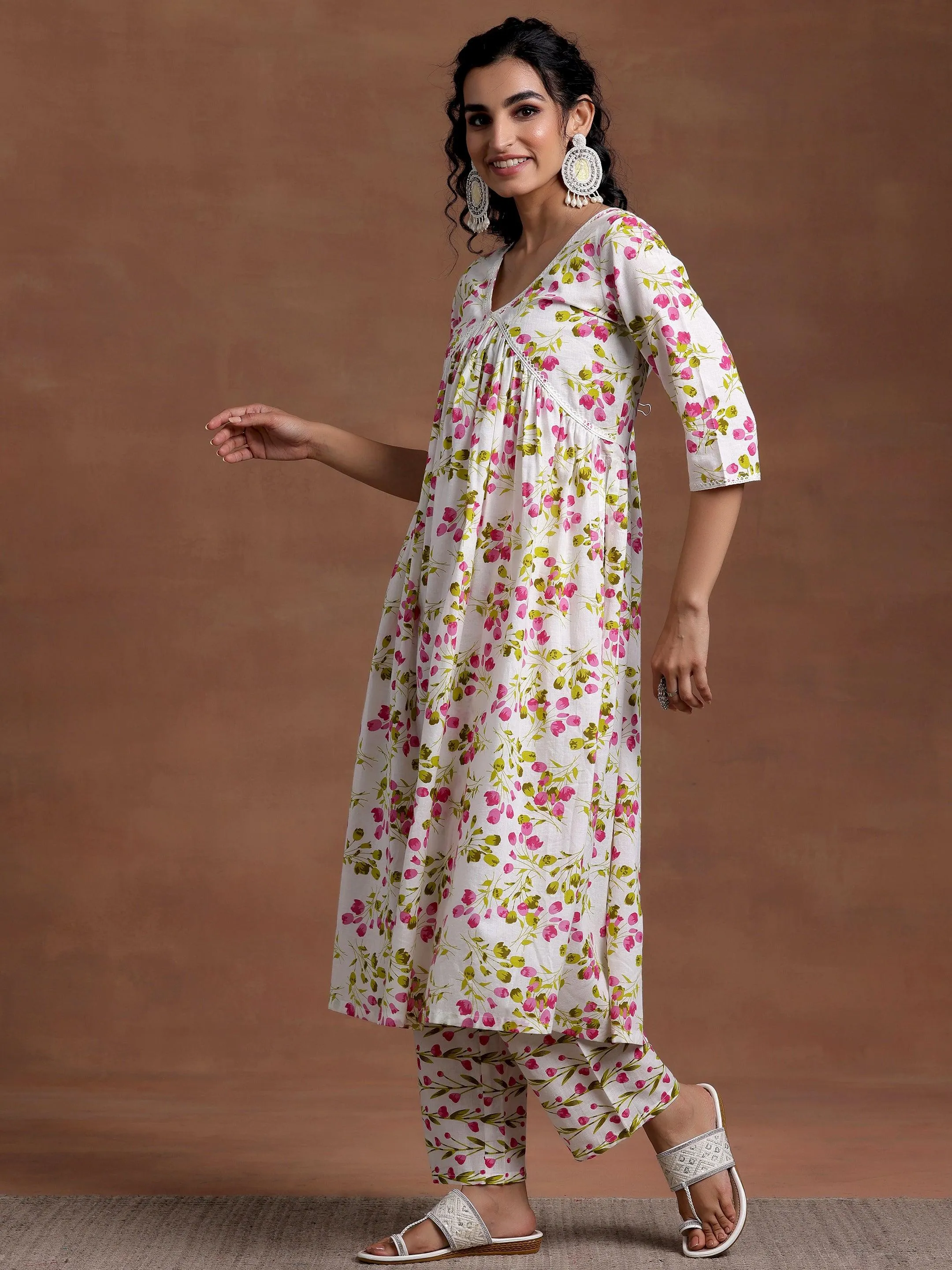 Off White Printed Cotton A-Line Kurta With Palazzos & Dupatta