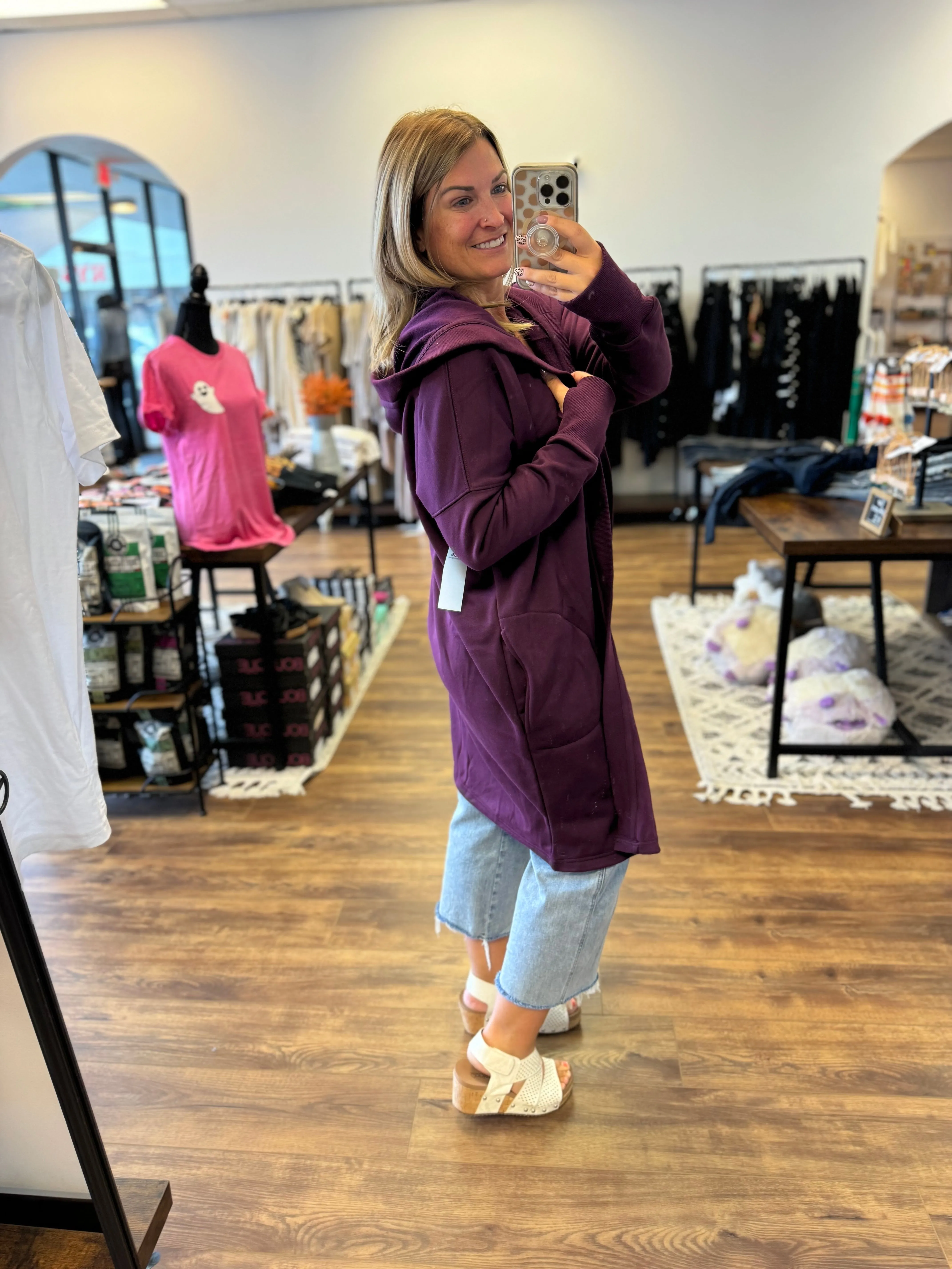 Open Front Longline Cardigan with Hoodie - Plum