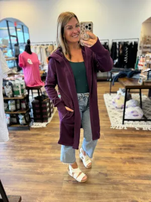 Open Front Longline Cardigan with Hoodie - Plum