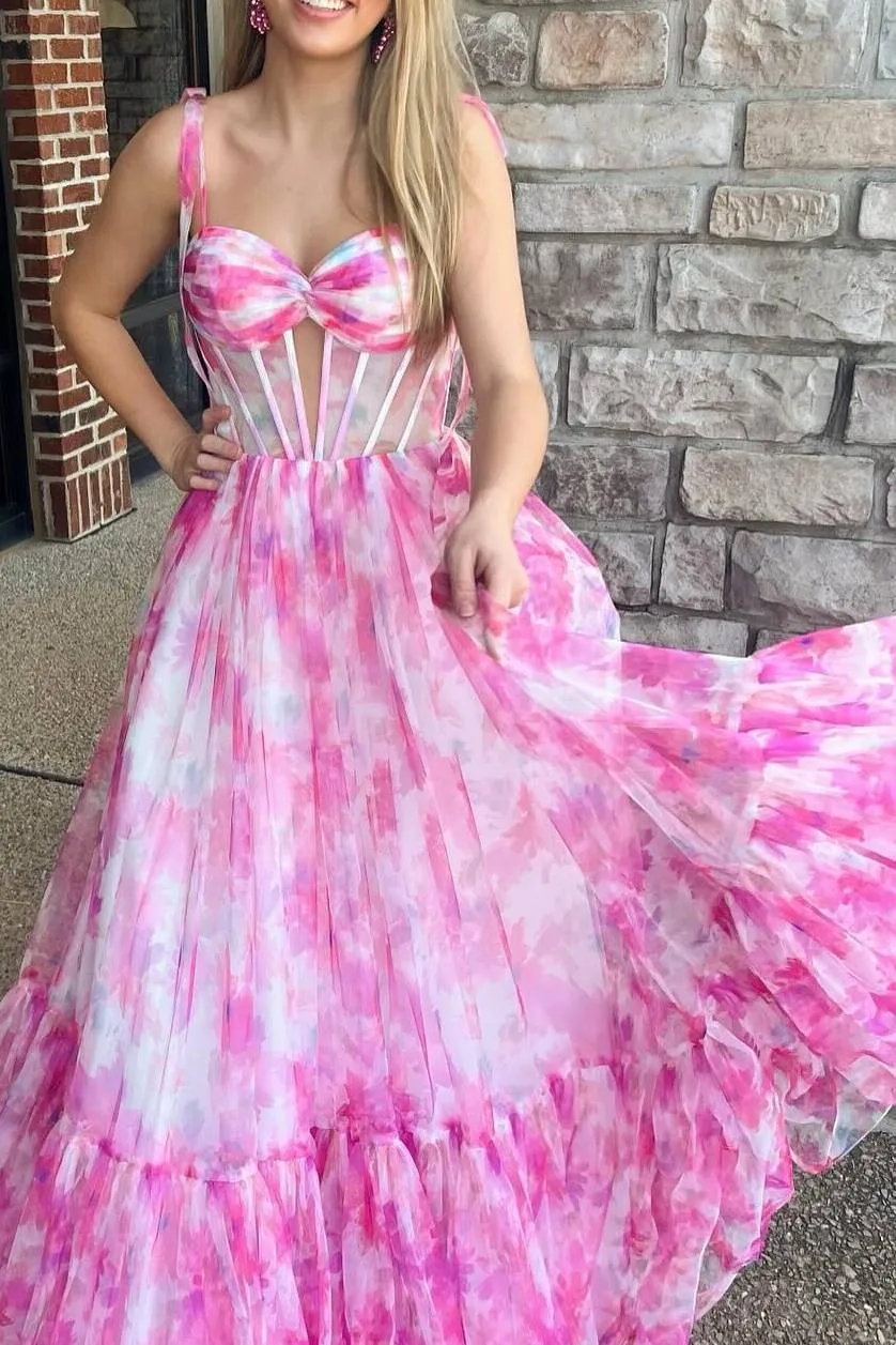 Palmer | Pink Floral Print Corset A-Line Long Prom Dress with Bow Tie Straps