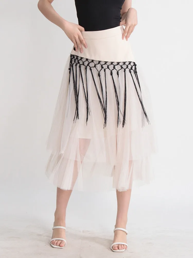 Patchwork Tassels Mesh A-Line Skirt