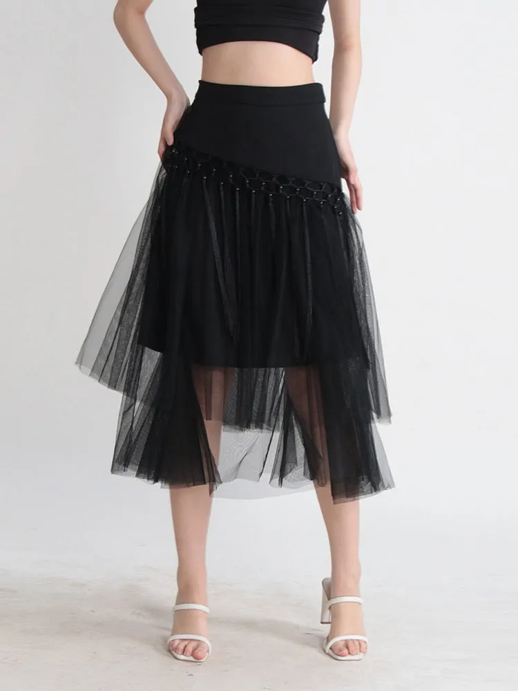 Patchwork Tassels Mesh A-Line Skirt