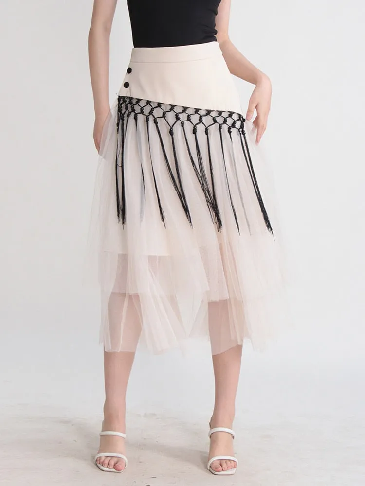 Patchwork Tassels Mesh A-Line Skirt