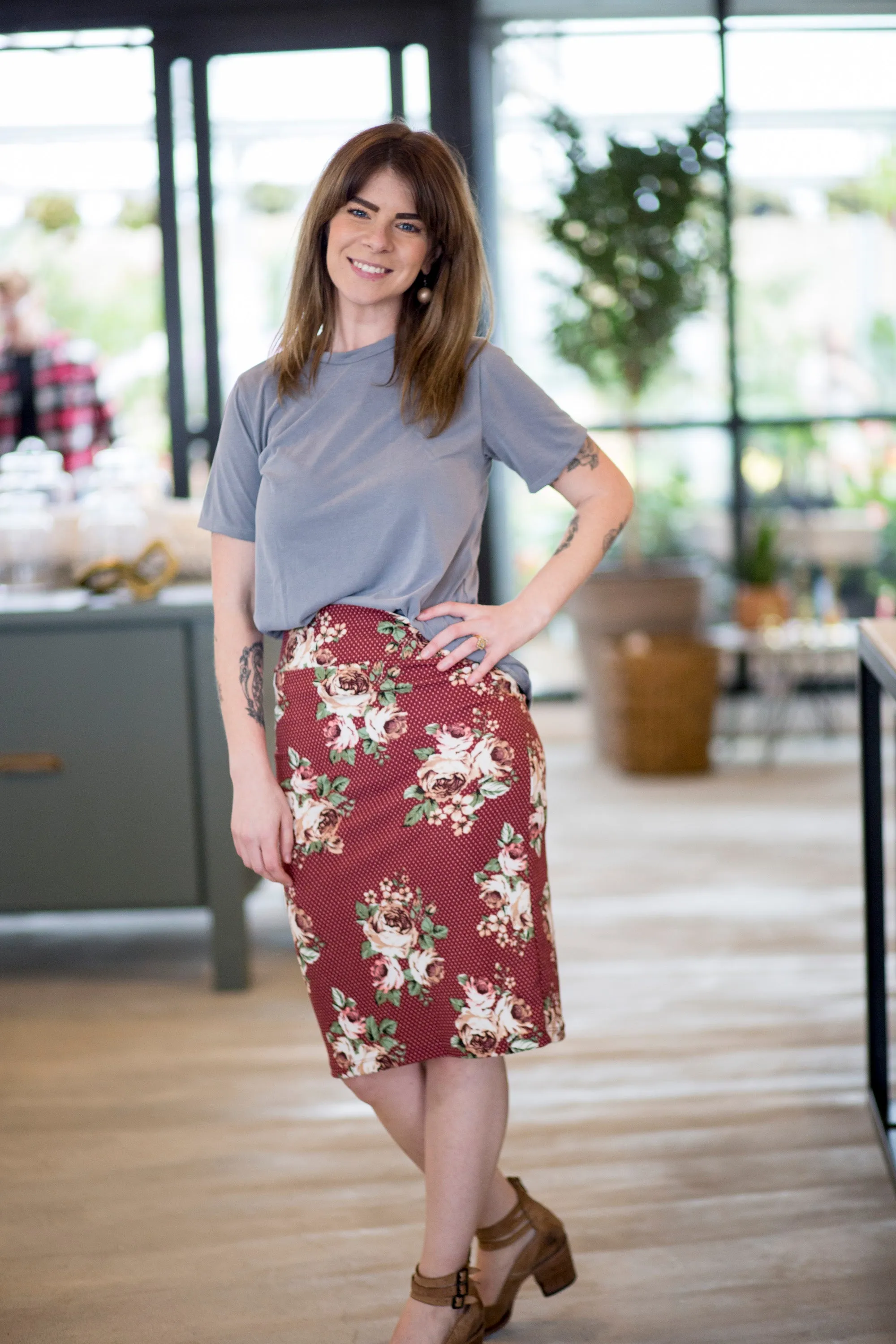 Pencil Skirt Maroon Floral