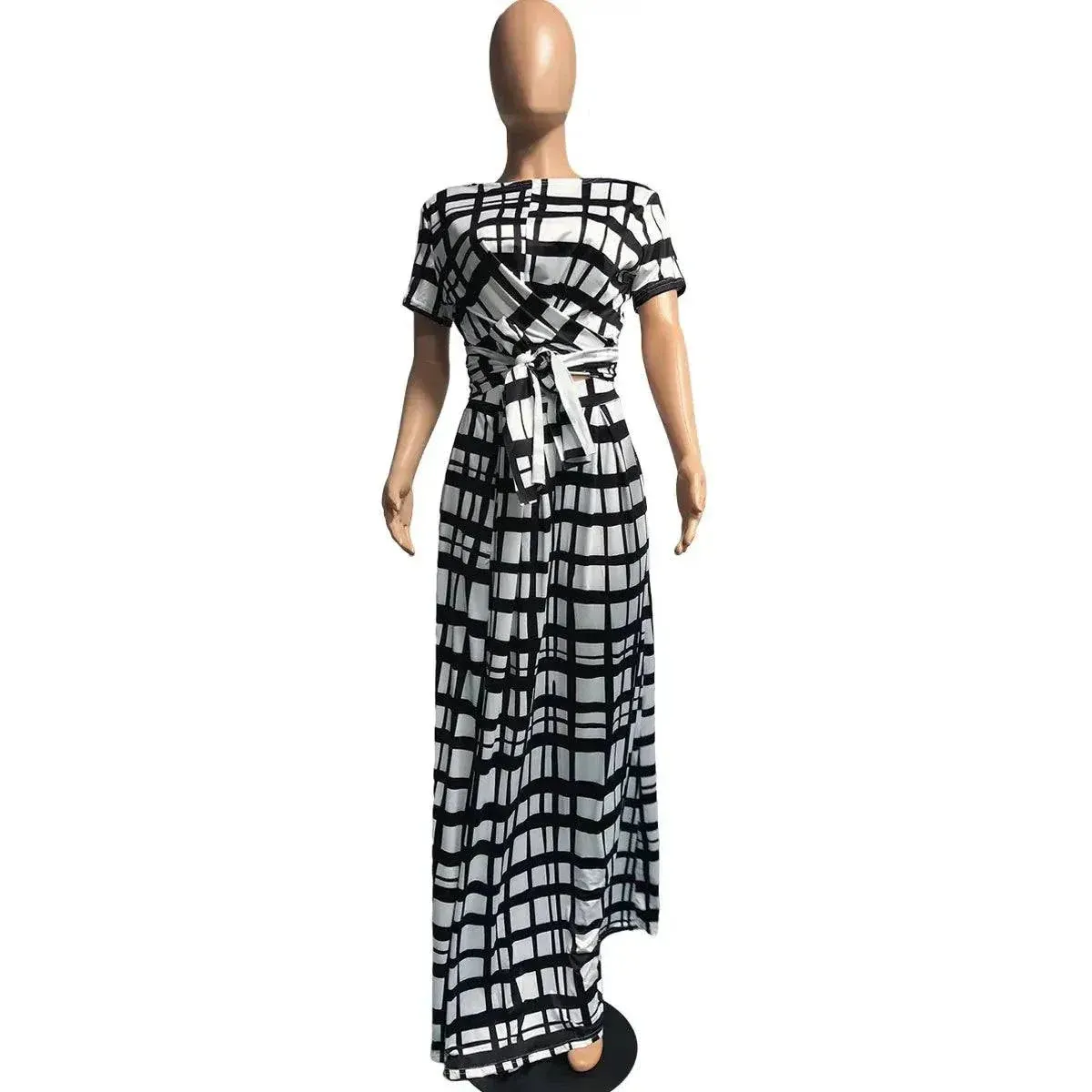 Plaid Two Piece Fashion Tie Up T-shirt and Maxi Skirts Matching Set For Women