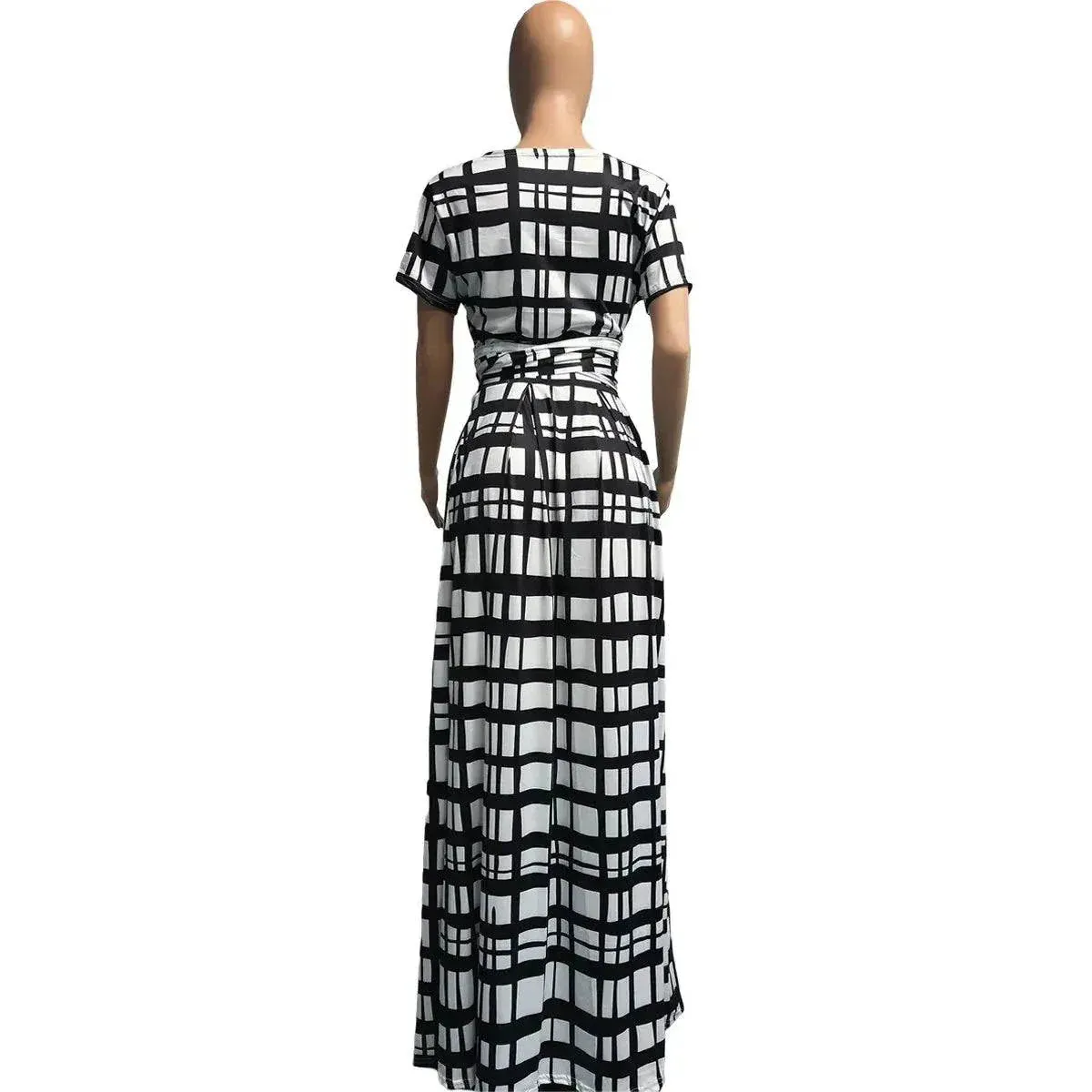 Plaid Two Piece Fashion Tie Up T-shirt and Maxi Skirts Matching Set For Women