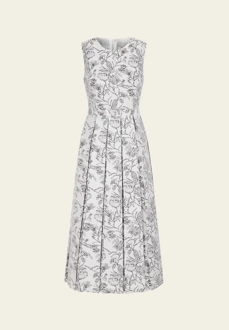 Pleated-detail Floral Jacquard Sleeveless Dress