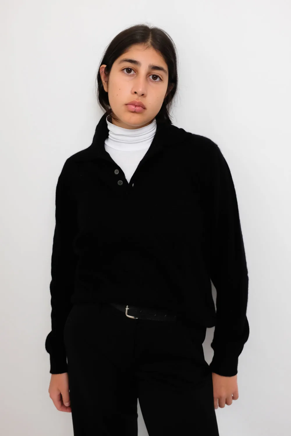 PURE CASHMERE DONNA KARAN BLACK POLO KNIT