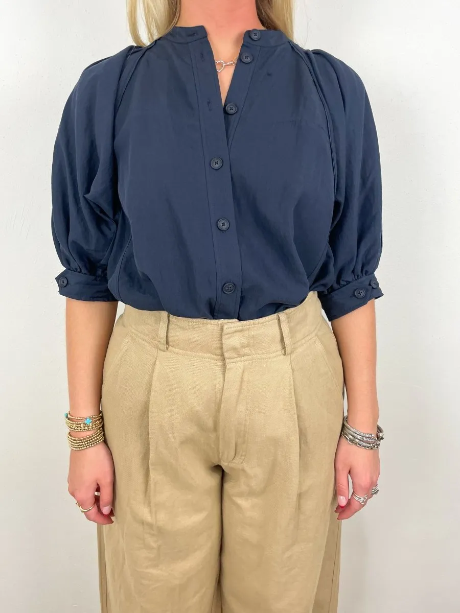 Relaxed Lantern Sleeve Button Up Blouse in Navy