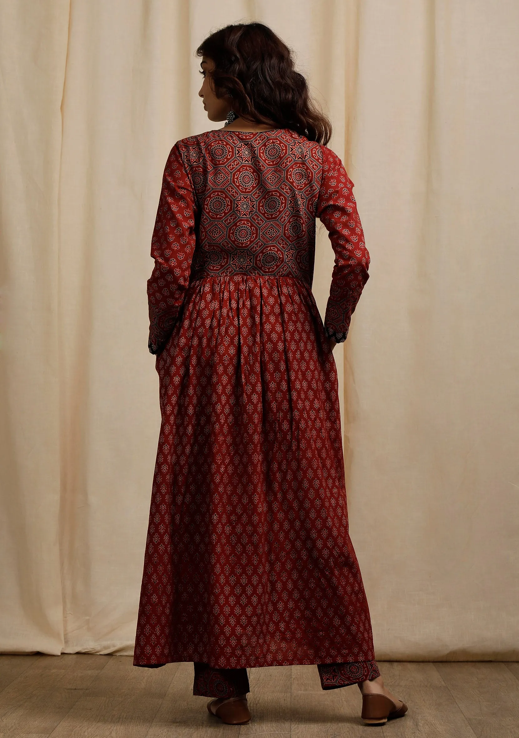 Set of 2: Red Ajrakh Print Flaredand Gathered Kurta with Pockets and red Ajrakh Print Straight Pants