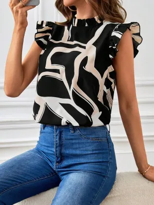 SHEIN Allover Print Ruffle Trim Mock Neck Blouse