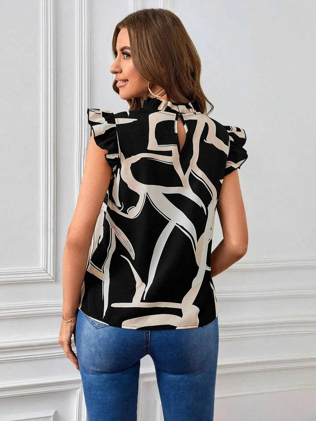 SHEIN Allover Print Ruffle Trim Mock Neck Blouse