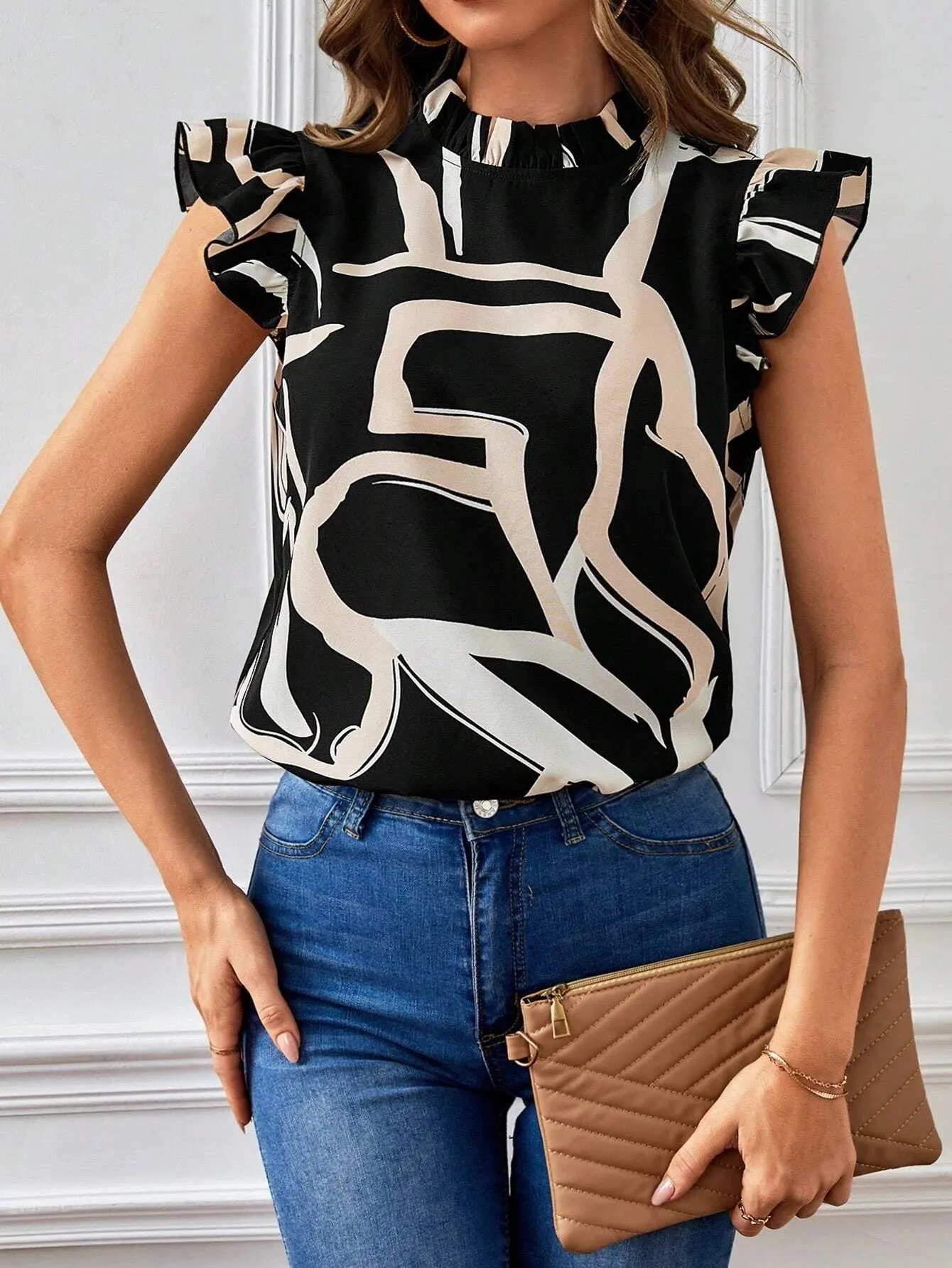 SHEIN Allover Print Ruffle Trim Mock Neck Blouse