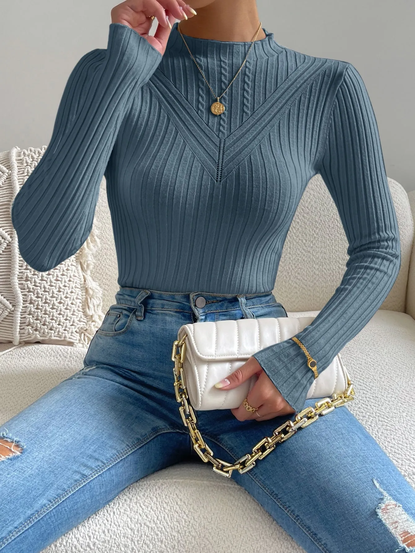 SHEIN Essnce Cable Knit Mock Neck Sweater