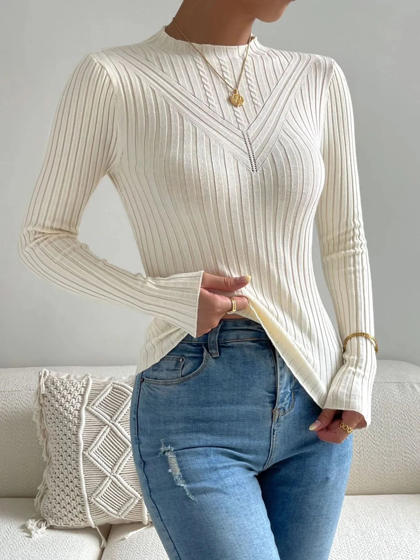 SHEIN Eyelet Detail Ribbed Knit Mock Neck Sweater