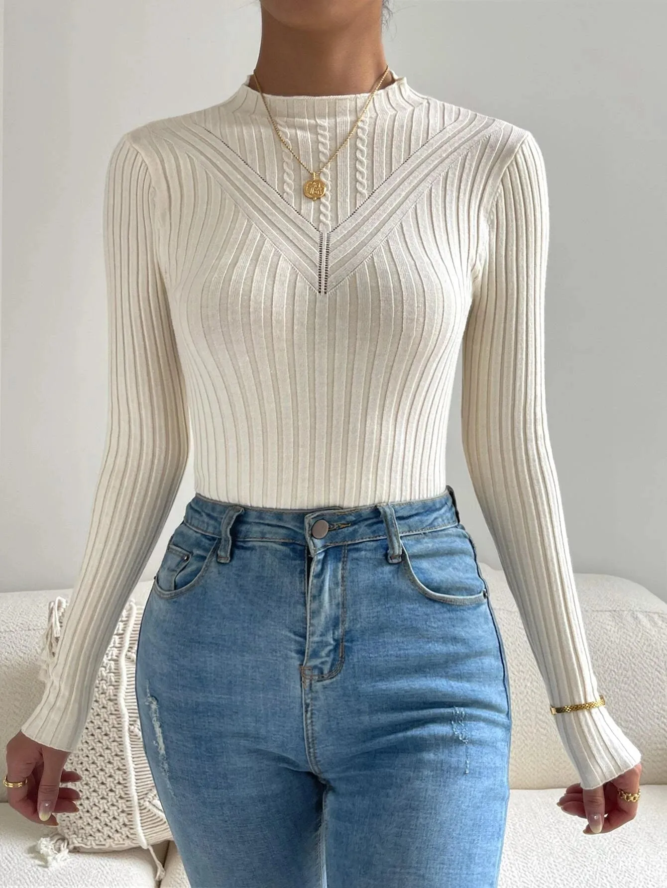 SHEIN Eyelet Detail Ribbed Knit Mock Neck Sweater