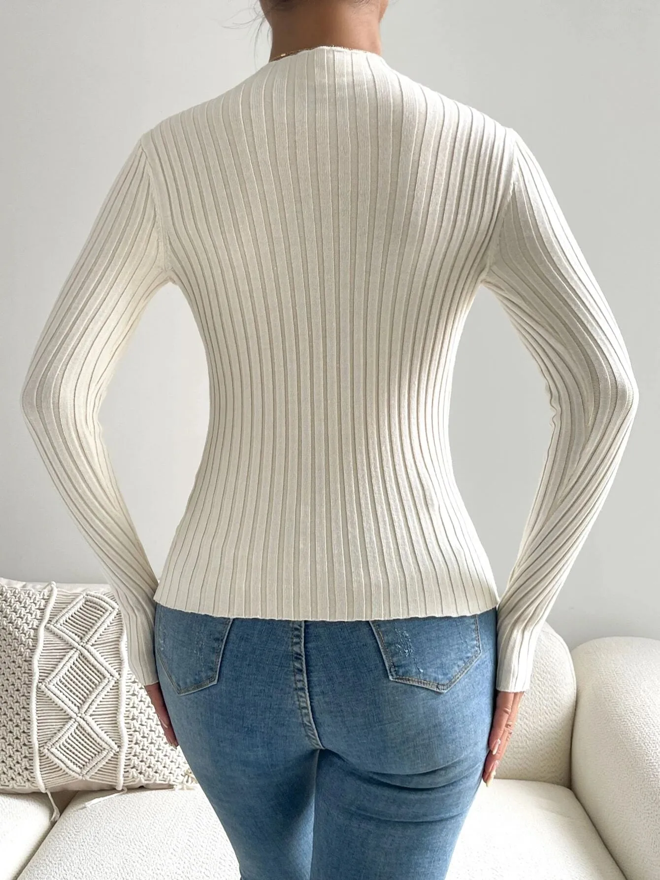 SHEIN Eyelet Detail Ribbed Knit Mock Neck Sweater