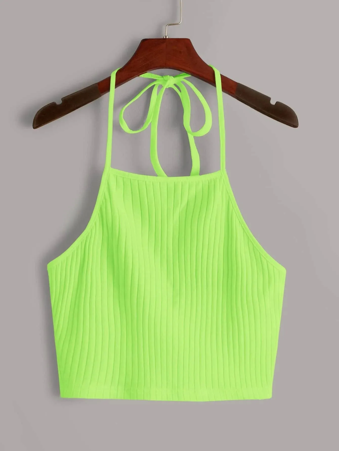 SHEIN EZwear Neon Lime Solid Rib-knit Halter Top