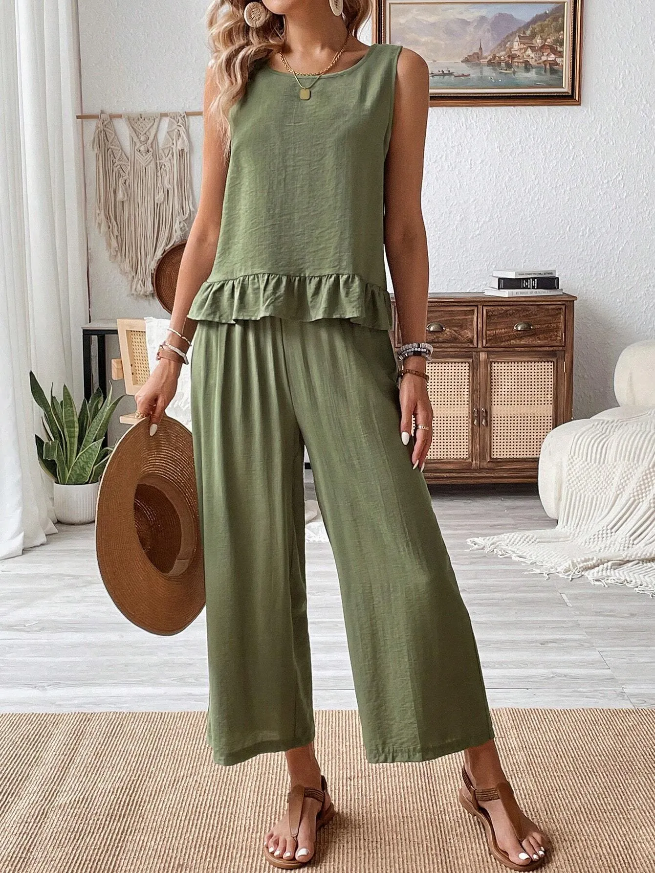 SHEIN Frenchy Sleeveless Tank Top With Ruffled Hem And Linen Pants, Summer 2pcs/Set