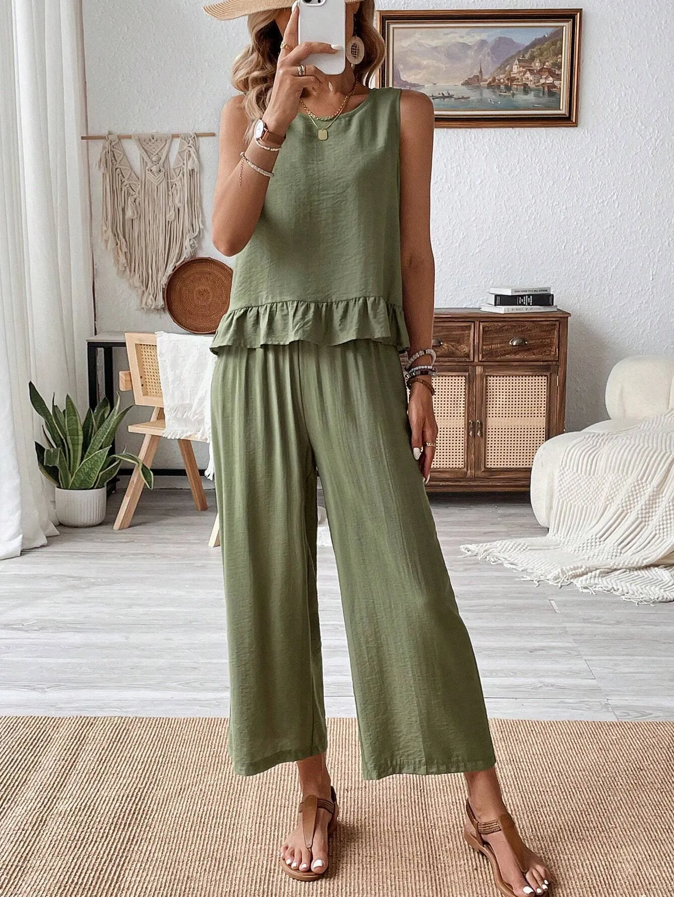 SHEIN Frenchy Sleeveless Tank Top With Ruffled Hem And Linen Pants, Summer 2pcs/Set