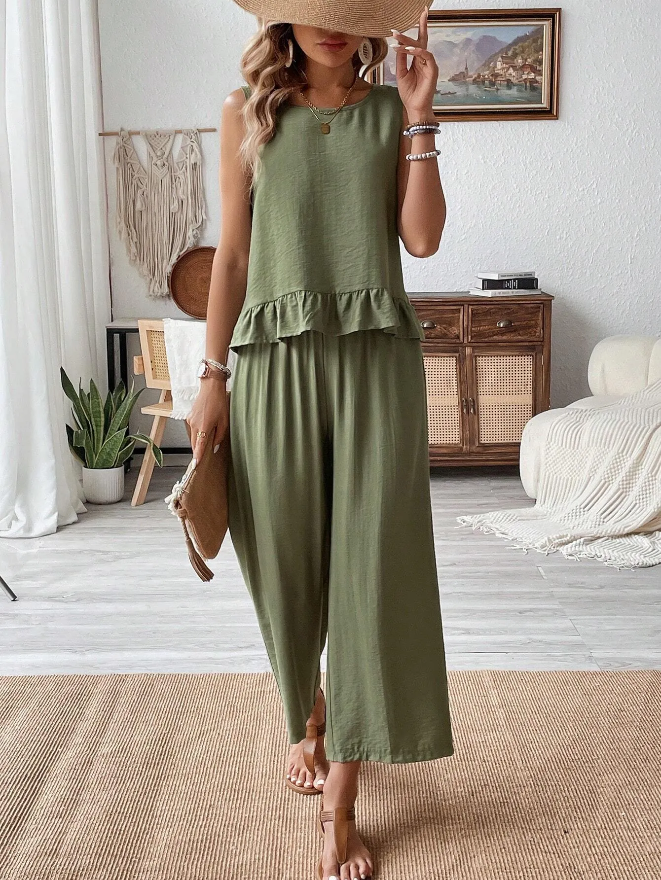 SHEIN Frenchy Sleeveless Tank Top With Ruffled Hem And Linen Pants, Summer 2pcs/Set