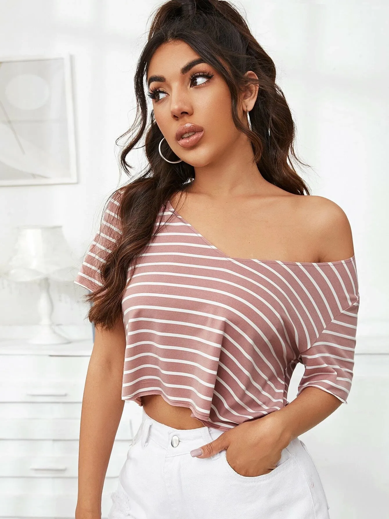 SHEIN V-Neck Striped Crop Top