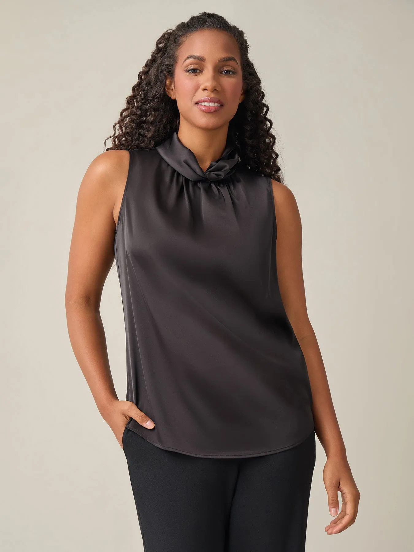 Sleeveless Twist Neck Blouse, Black