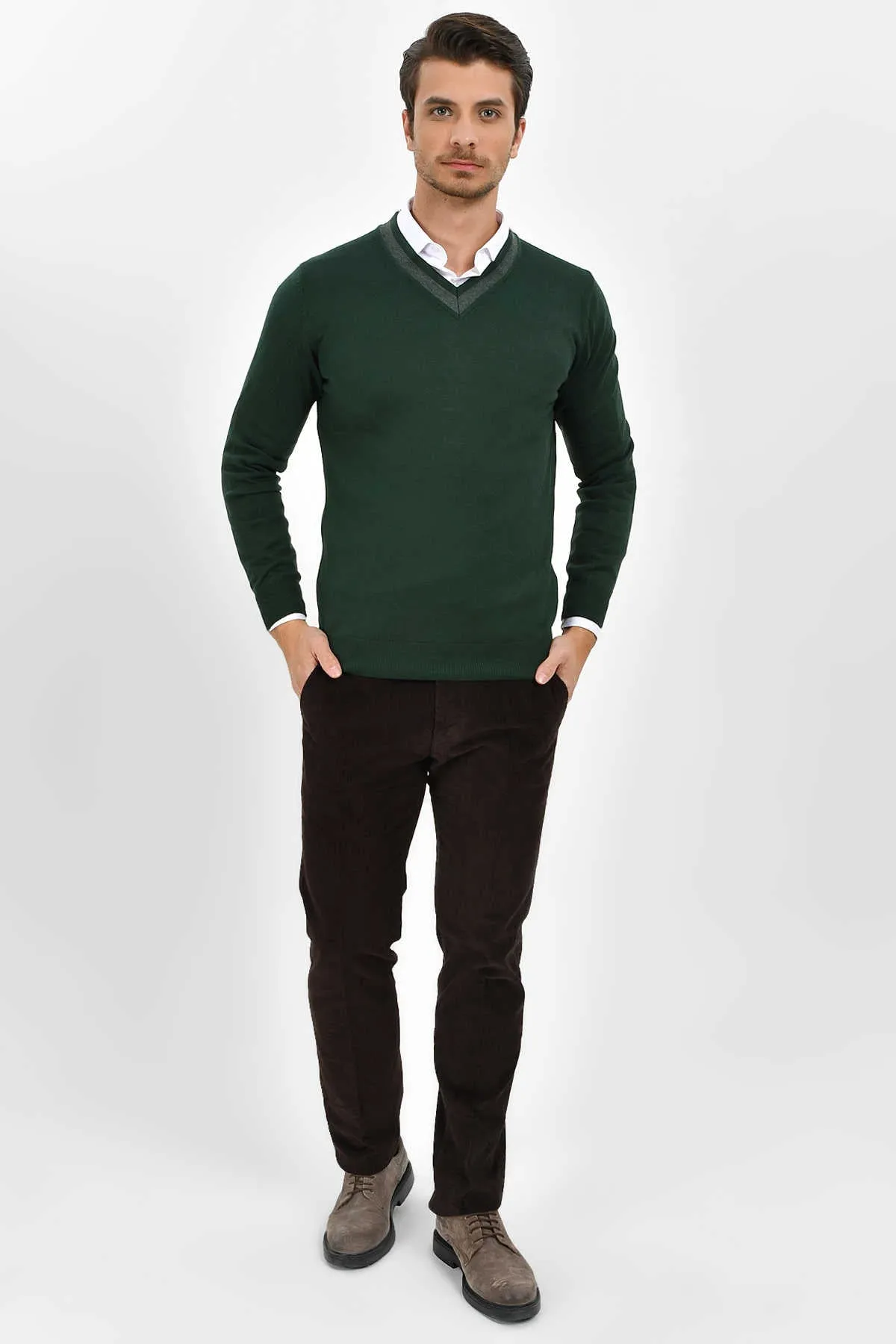 Slim Fit Green Cotton Blend V-Neck Sweater