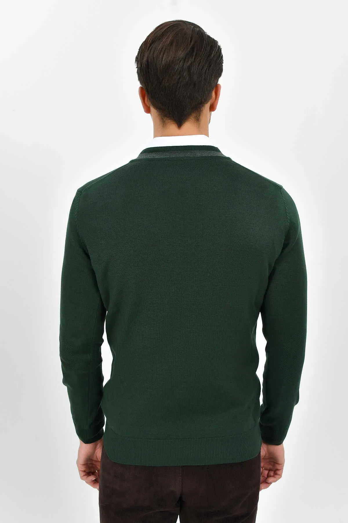 Slim Fit Green Cotton Blend V-Neck Sweater