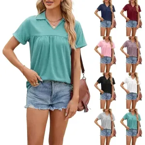 Solid Color V-neck Lapel Short-sleeved Cotton T-shirt Summer Loose Top Women