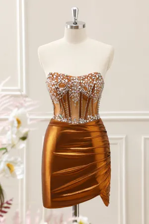 Sparkly Copper Ruched Strapless Corset Homecoming Dress with Beading