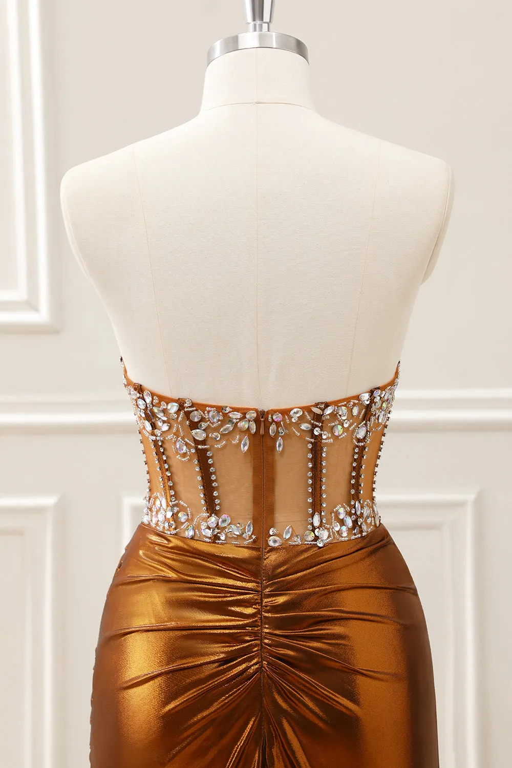 Sparkly Copper Ruched Strapless Corset Homecoming Dress with Beading