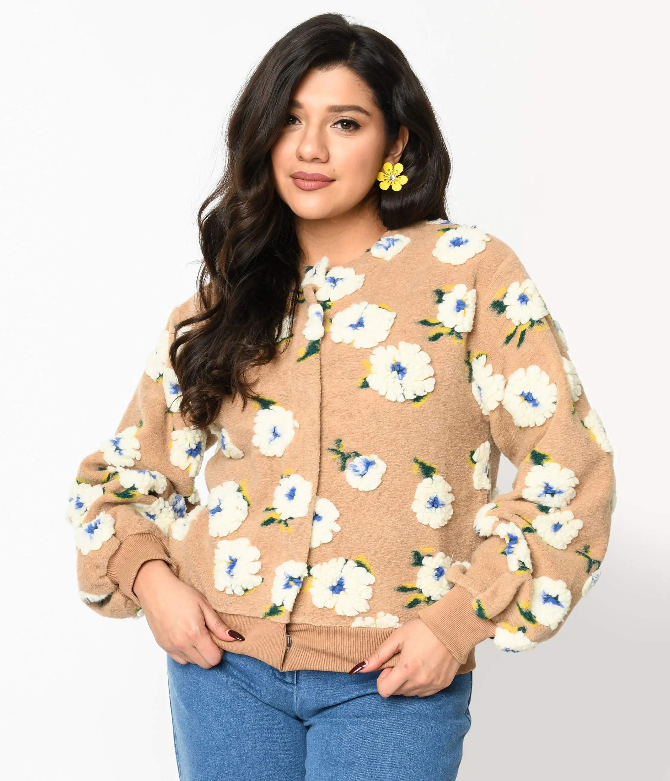 Tan & 3D White Floral Cardigan