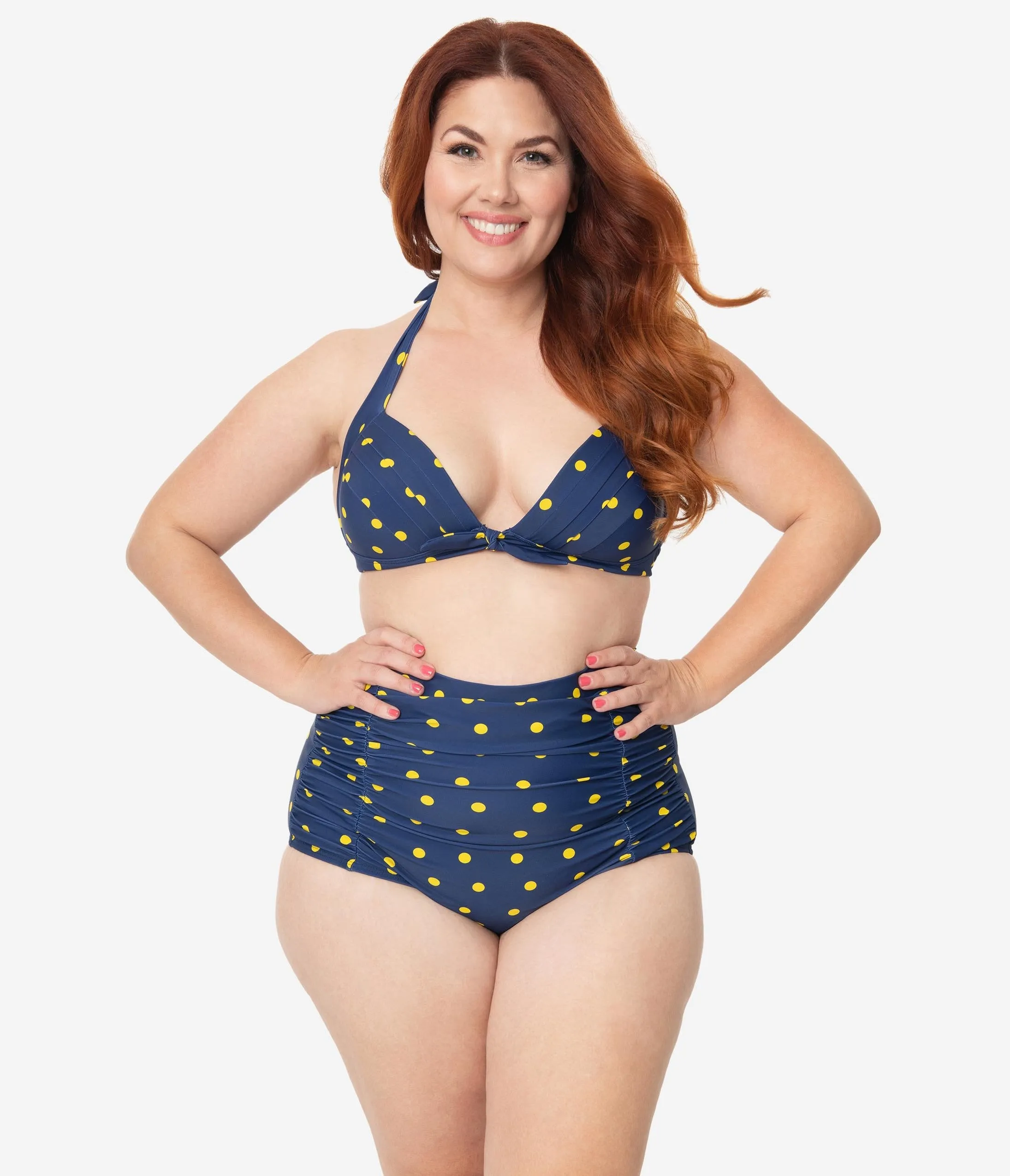 Unique Vintage Plus Size Navy & Yellow Dotted Monroe High Waist Swim Bottom