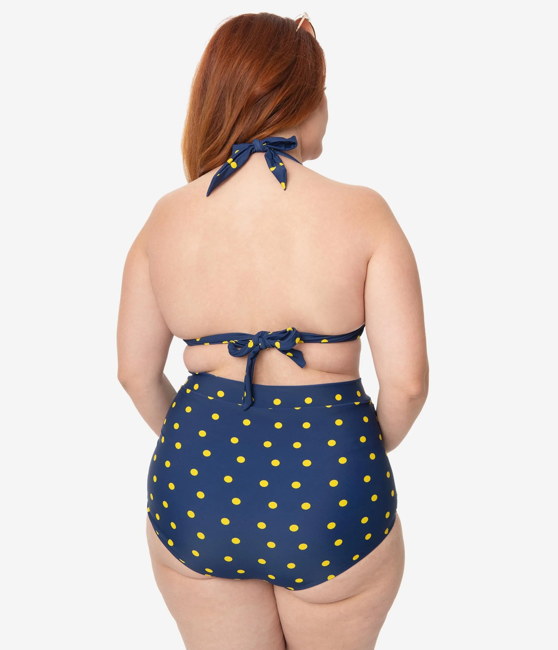 Unique Vintage Plus Size Navy & Yellow Dotted Monroe High Waist Swim Bottom