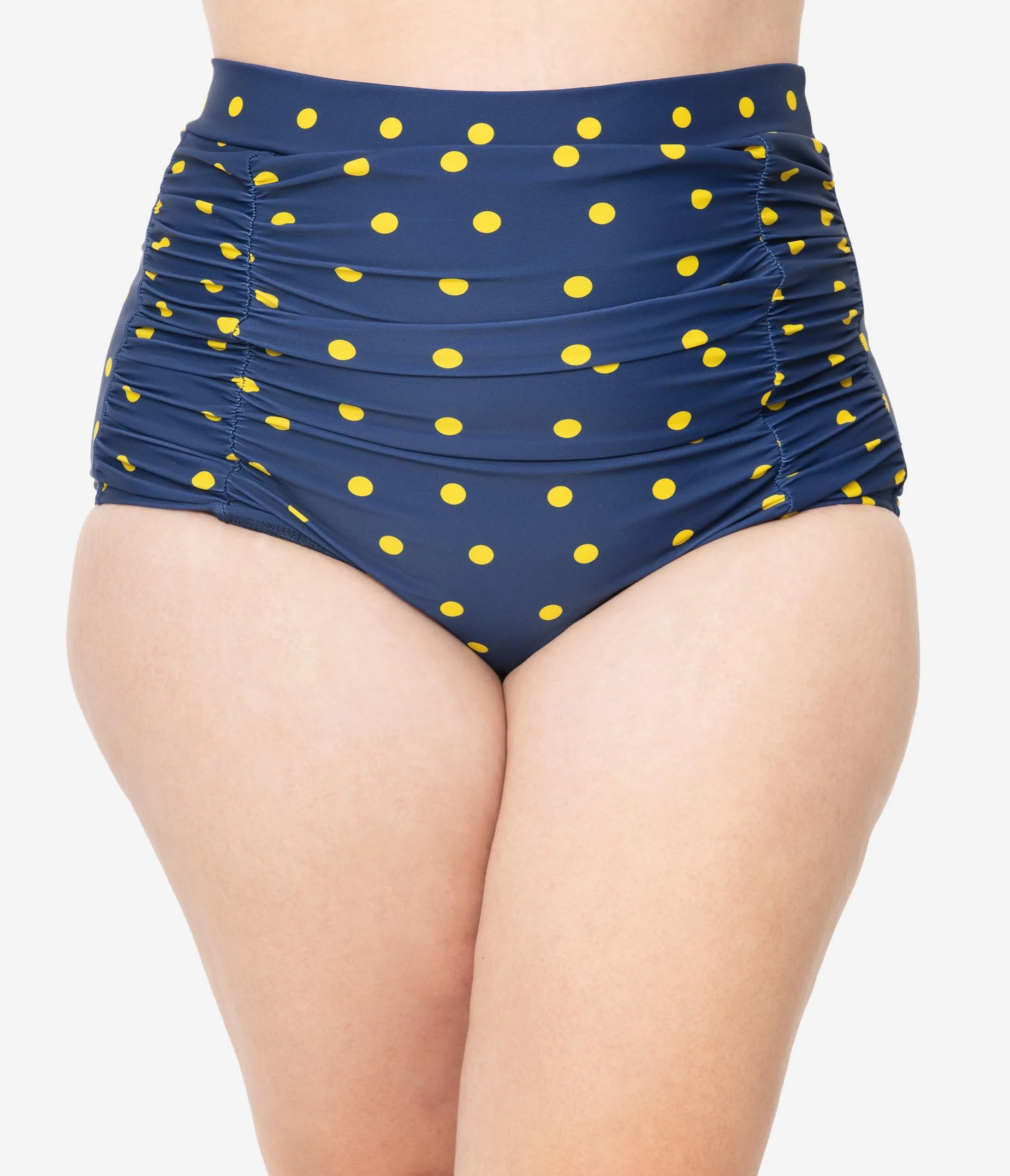 Unique Vintage Plus Size Navy & Yellow Dotted Monroe High Waist Swim Bottom